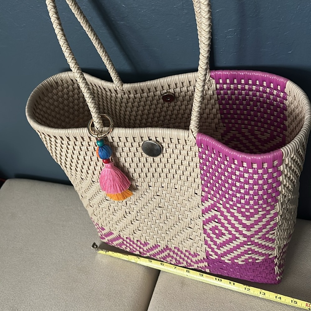 Cream and Pink Geometric recycled Tote Bag with Sturdy Handles - Picture 4 of 4